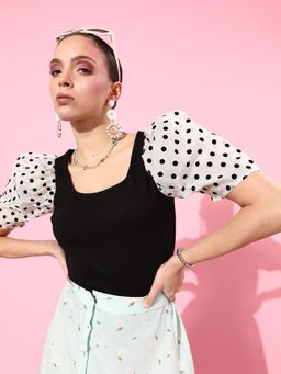 Style Quotient - Women Black & White Print Puff Sleeves Monochrome Top