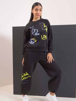 Sweet Dreams - Women Black Printed Sweatshirt with Joggers