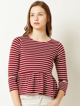 Miss Chase - Women's Maroon and White Cotton 3/4 Sleeve Striped Gathered Peplum Top
