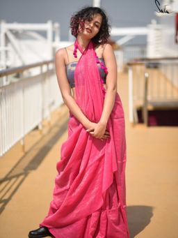 Suta - Pink Zari Striped Pure Cotton Handloom Saree without Blouse