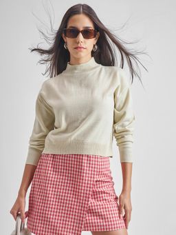 TOKYO TALKIES - Women Beige Solid Crop Pullover Sweater