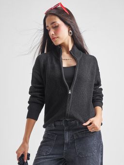 TOKYO TALKIES - Women Black Cable Knit Acrylic Cardigan