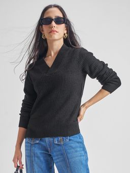 TOKYO TALKIES - Women Jet Black Round Neck Knitted Striped Sweater