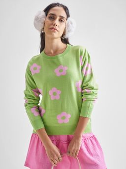 TOKYO TALKIES - Women Green Floral Jacquard Acrylic Pullover
