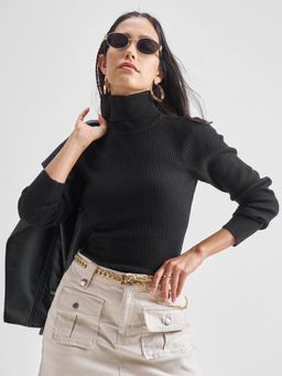 TOKYO TALKIES - Women Black High Neck Ribbed Acrylic Pullover