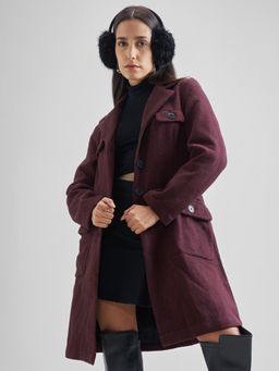 TOKYO TALKIES - Wine Notched Lapel Long Sleeves Longline Overcoat