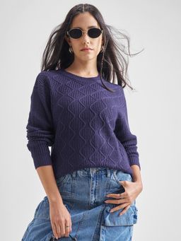TOKYO TALKIES - Navy Blue Woven Cable Knit Acrylic Pullover
