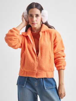 TOKYO TALKIES - Women Orange Front Zipped Drop Shoulder Poly Jacket