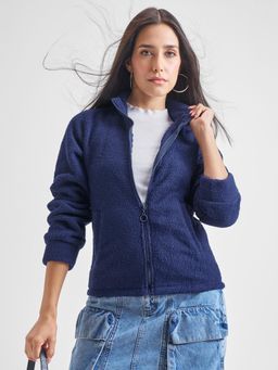TOKYO TALKIES - Women Navy Slim Fit Solid Teddy Jacket