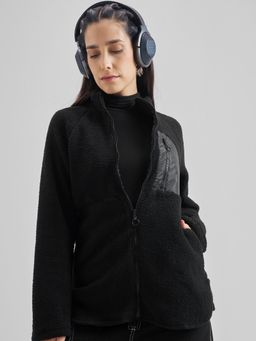 TOKYO TALKIES - Women Black Solid Slim Fit Front Open Teddy Jacket