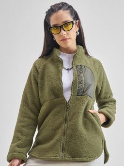 TOKYO TALKIES - Women Olive Solid Slim Fit Front Open Teddy Jacket