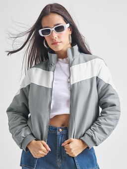 TOKYO TALKIES - Women Grey Colorblock Sporty Bomber Jacket