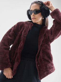 TOKYO TALKIES - Women Brown Solid Teddy Oversized High Neck Jacket