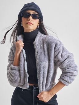 TOKYO TALKIES - Women Grey Fur Fleece Teddy Jacket