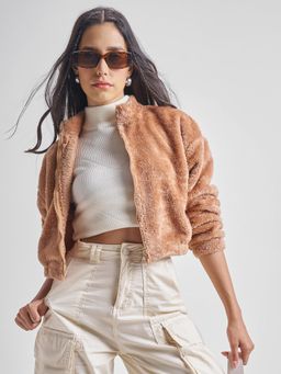 TOKYO TALKIES - Women Brown Solid Drop Shoulder Zip up Crop Jacket