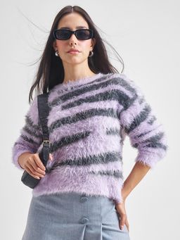 TOKYO TALKIES - Women Purple Animal Jacquard Fur Relaxed Fit Sweater