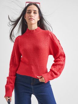 TOKYO TALKIES - Women Red Solid Cable Knit Sleeve Cropped Sweater