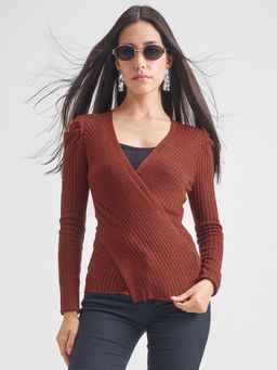 TOKYO TALKIES - Women Brown Solid Puff Sleeved Fitted Sweater Top