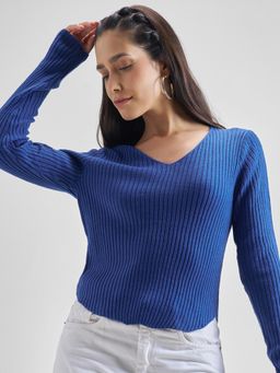 TOKYO TALKIES - Women Blue Solid Ribbed V-Neck Sweater