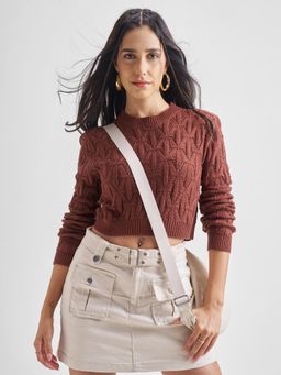 TOKYO TALKIES - Women Brown Self Design Knitted Cropped Boxy Sweater