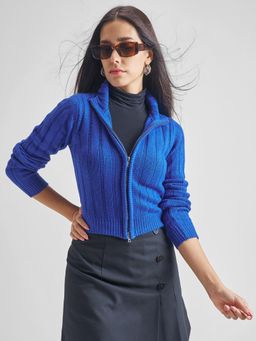 TOKYO TALKIES - Women Navy Blue Slim Fit High Neck Zip Up Crop Cardigan
