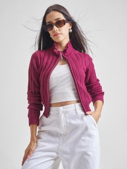 TOKYO TALKIES - Women Maroon Slim Fit High Neck Zip Up Crop Cardigan