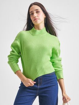 TOKYO TALKIES - Women Green Self Design Ribbed High Neck Cropped Sweater
