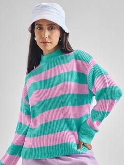 TOKYO TALKIES - Women Aqua Striped Regular Fit Pullover Sweater