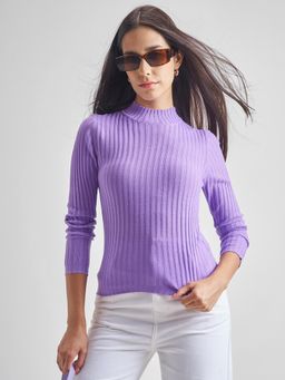 TOKYO TALKIES - Women Purple Solid Ribbed High Neck Fitted Sweater