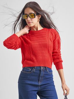 TOKYO TALKIES - Women Red Cable Knit Drop Shoulder Cropped Sweater