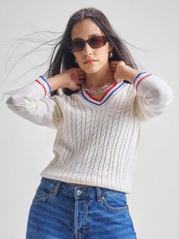 TOKYO TALKIES - Women White Regular Fit Pullover Sweater