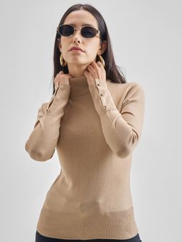 TOKYO TALKIES - Women Beige Solid Buttoned Cuff Fitted Sweater