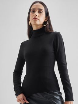 TOKYO TALKIES - Women Black Solid Buttoned Cuff Fitted Sweater