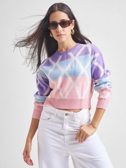 TOKYO TALKIES - Women Purple Jacquard Knitted Cropped Regular Jumper Sweater