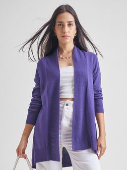 TOKYO TALKIES - Women Purple Textured Knitted Shawl Collar Cardigan