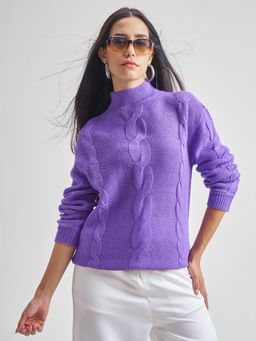 TOKYO TALKIES - Women Purple Cable Knit Relaxed Fit Long Sweater