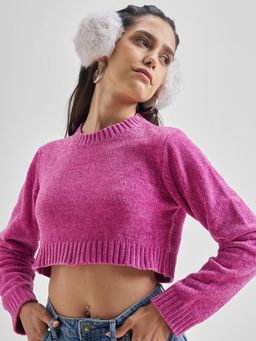 TOKYO TALKIES - Women Pink Textured Crew Neck Cropped Fitted Sweater