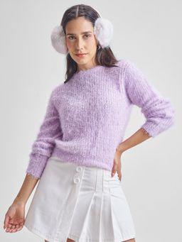 TOKYO TALKIES - Women Purple Solid Fur Slim Fit Cropped Sweater