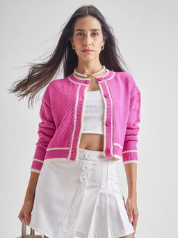 TOKYO TALKIES - Women Pink Solid Relaxed Fit Cropped Cardigan