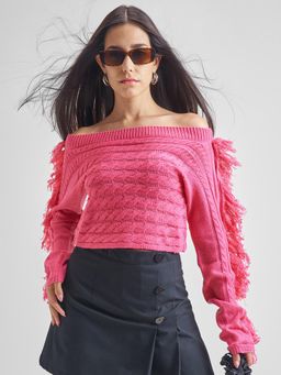 TOKYO TALKIES - Women Pink Sequinned Waffle Knit Relaxed Sweater