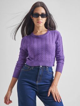 TOKYO TALKIES - Women Purple Solid Knitted Slim Fit Cropped Sweater