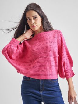 TOKYO TALKIES - Women Pink Textured Boat Neck Relaxed Fit Crop Sweater