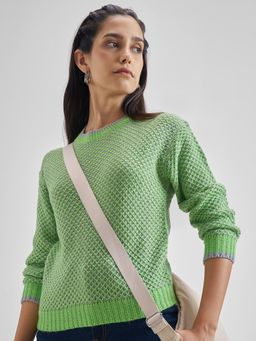 TOKYO TALKIES - Women Green Two Tone Waffle Knit Relaxed Fit Sweater
