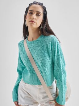 TOKYO TALKIES - Women Aqua Regular Fit Pullover Sweater