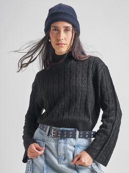 TOKYO TALKIES - Women Black Flat Knit High Neck Sweater