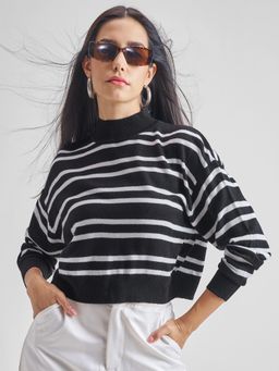 TOKYO TALKIES - Women Jet Black and White Horizontal Striped Knitted Sweater