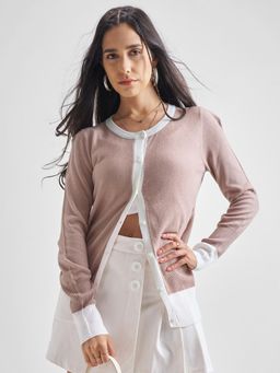 TOKYO TALKIES - Women Dusty Pink and White Regular Fit Round Neck Cardigan