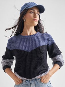TOKYO TALKIES - Women Blue and Black Full Sleeve Round Neck Sweater