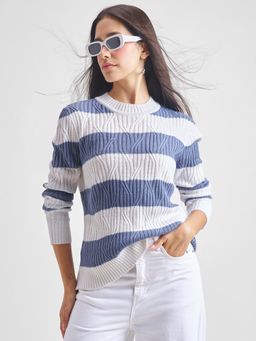 TOKYO TALKIES - Women Blue and White Horizontal Striped Knitted Sweater