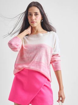 TOKYO TALKIES - Women Off White and Pink Full Sleeve Round Neck Sweater